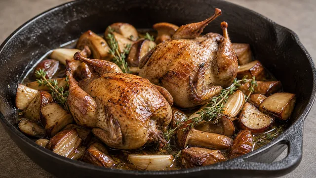 Keto quail with pan-fried porcini mushrooms, butter, garlic and thyme in a skillet
