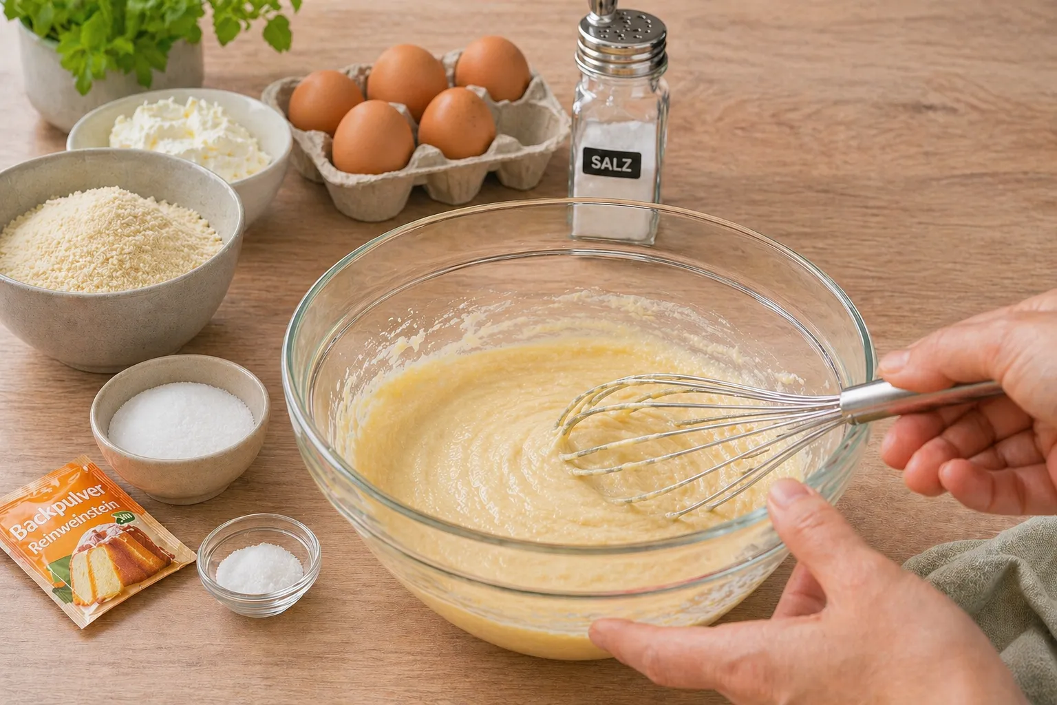 Savory keto waffle batter with almond flour, egg, and cream cheese