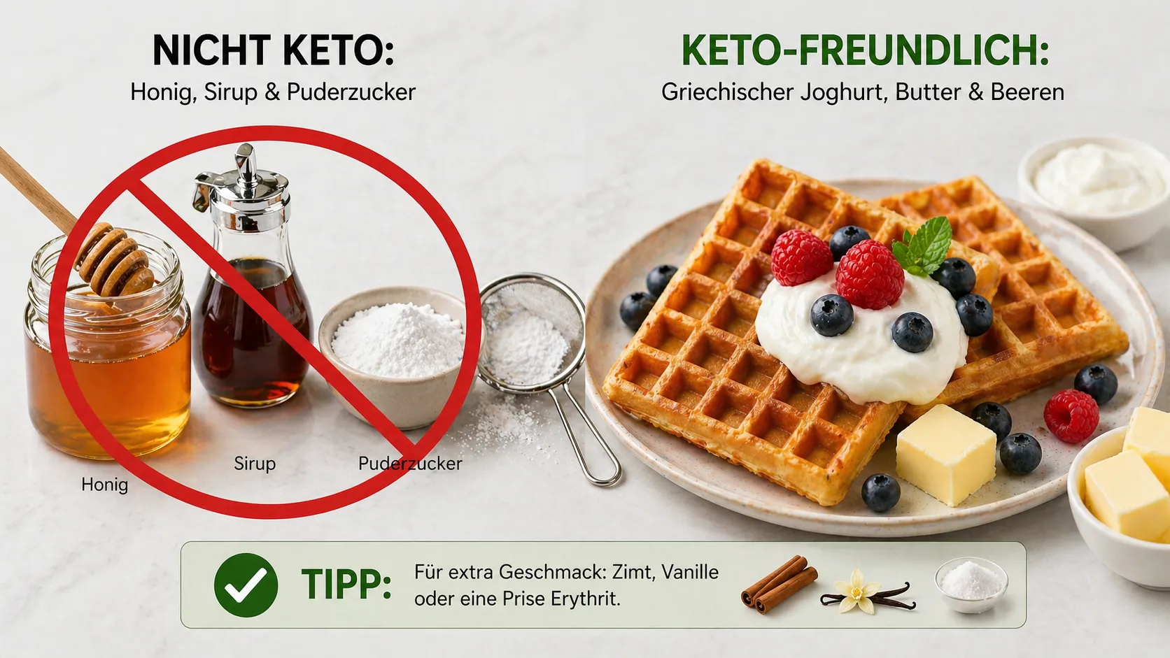 Keto almond flour waffles with Greek yogurt, butter, and a few berries