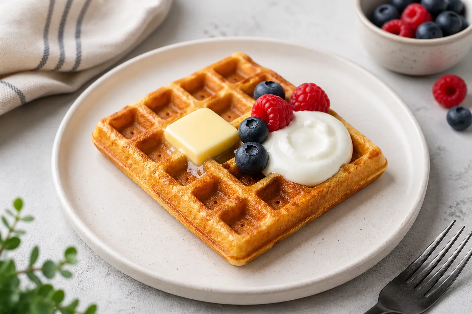 Keto almond flour waffles with cream cheese, butter, Greek yogurt, and a few berries