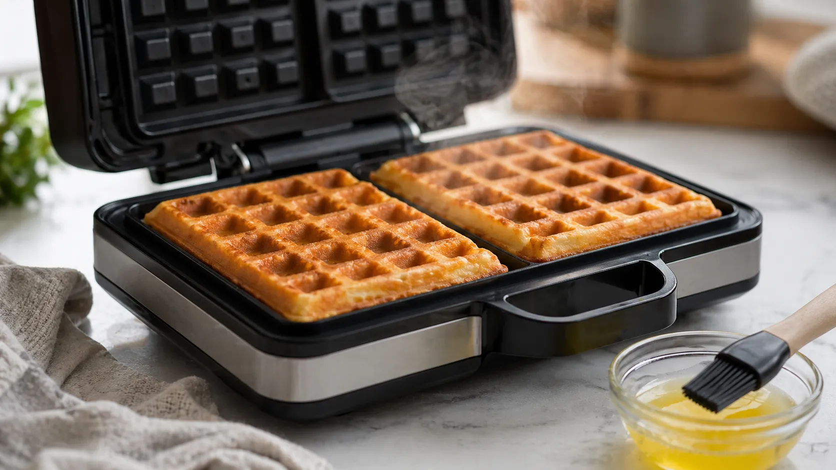 Almond flour waffles in a waffle iron for a savory keto breakfast