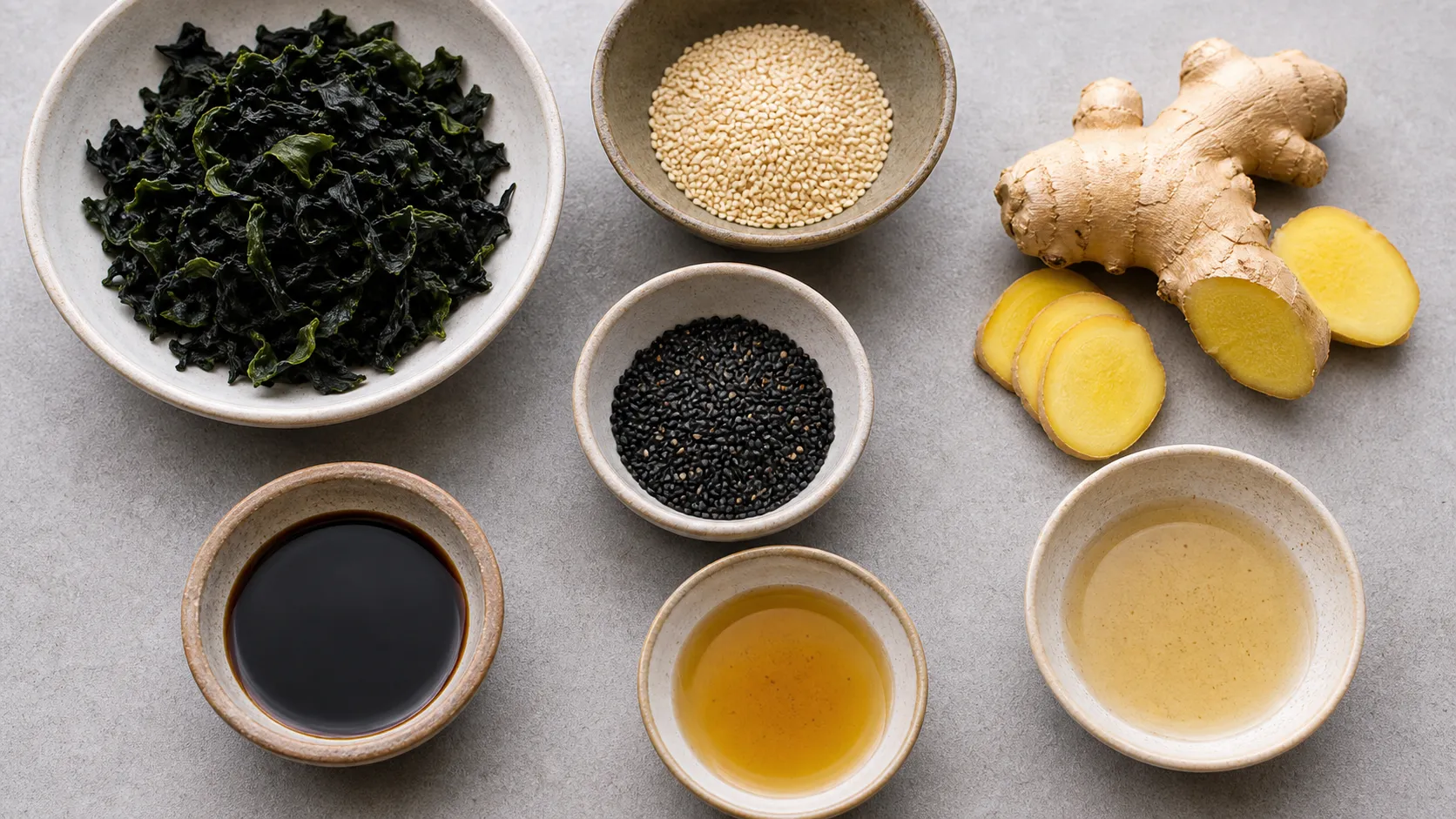 Ingredients for keto wakame sesame salad: dried wakame, sesame seeds, fresh ginger, tamari, sesame oil and rice vinegar