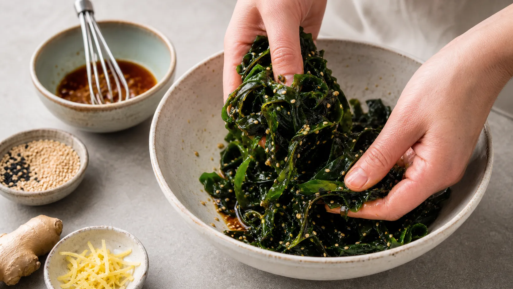 Soaked wakame being squeezed and mixed with ginger tamari dressing in a bowl