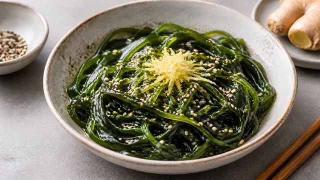 Keto wakame sesame salad in a bowl with green wakame seaweed, white and black sesame seeds, ginger and tamari dressing