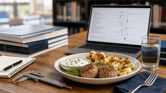 Nutrition journals, a laptop with abstract research graphics and a low-carb meal with turkey meatballs and cauliflower