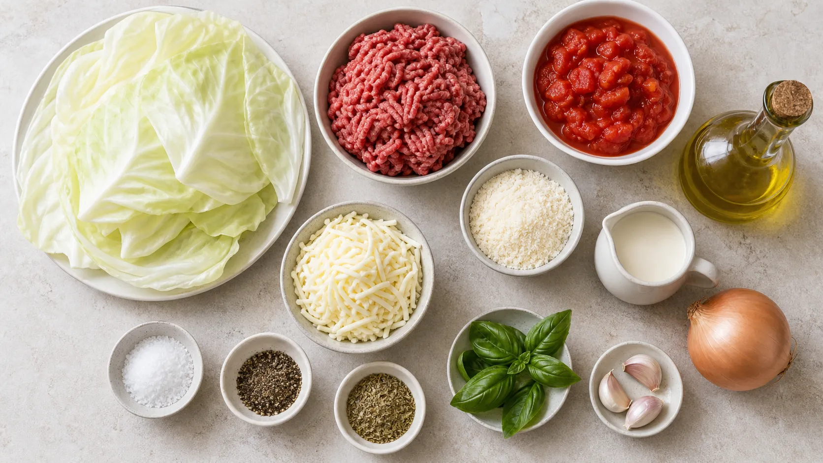 Ingredients for keto cabbage lasagna: white cabbage, ground beef, canned tomatoes, mozzarella, parmesan, cream and herbs