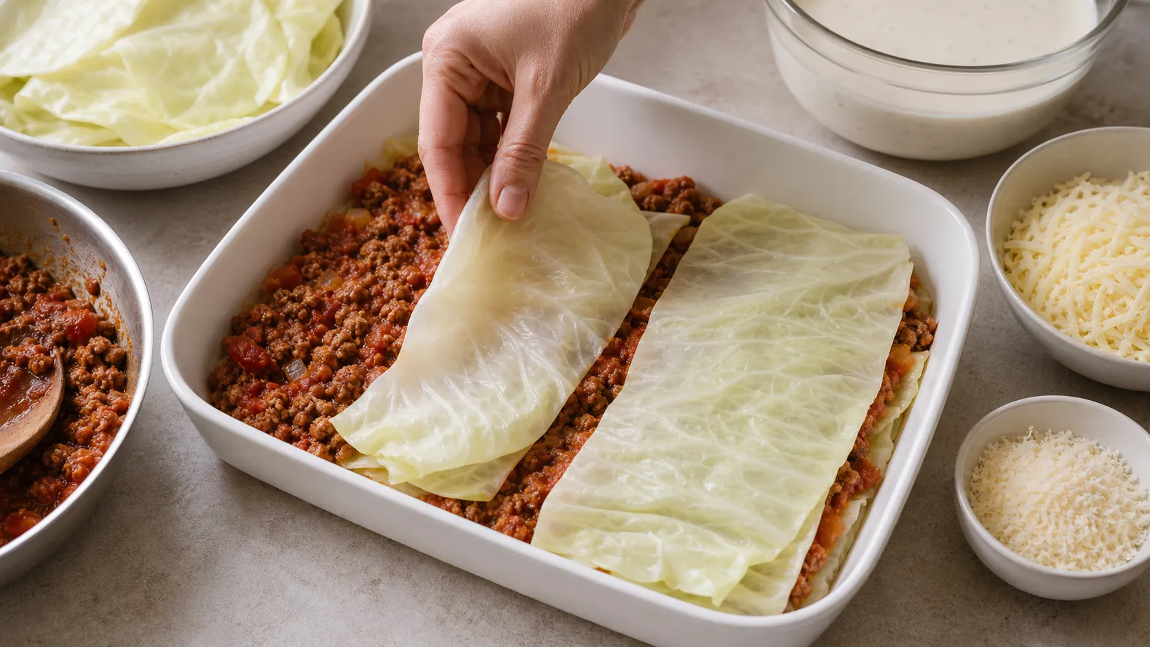 Layers of blanched white cabbage leaves and ground beef ragù in a baking dish, ready to be topped with cheese