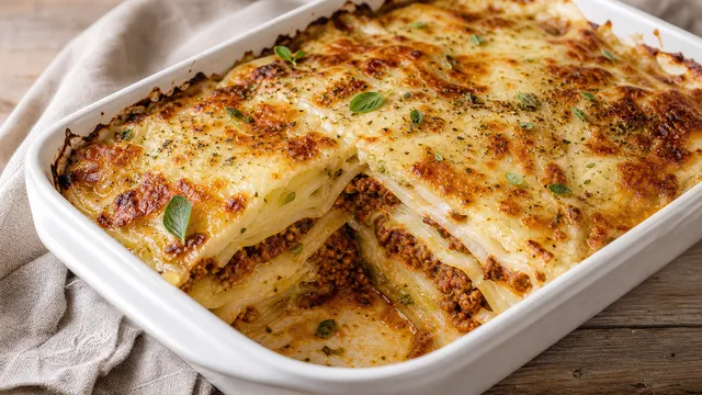 Keto cabbage lasagna with ground beef in a baking dish: golden-brown melted cheese over layers of white cabbage leaves and meat ragù