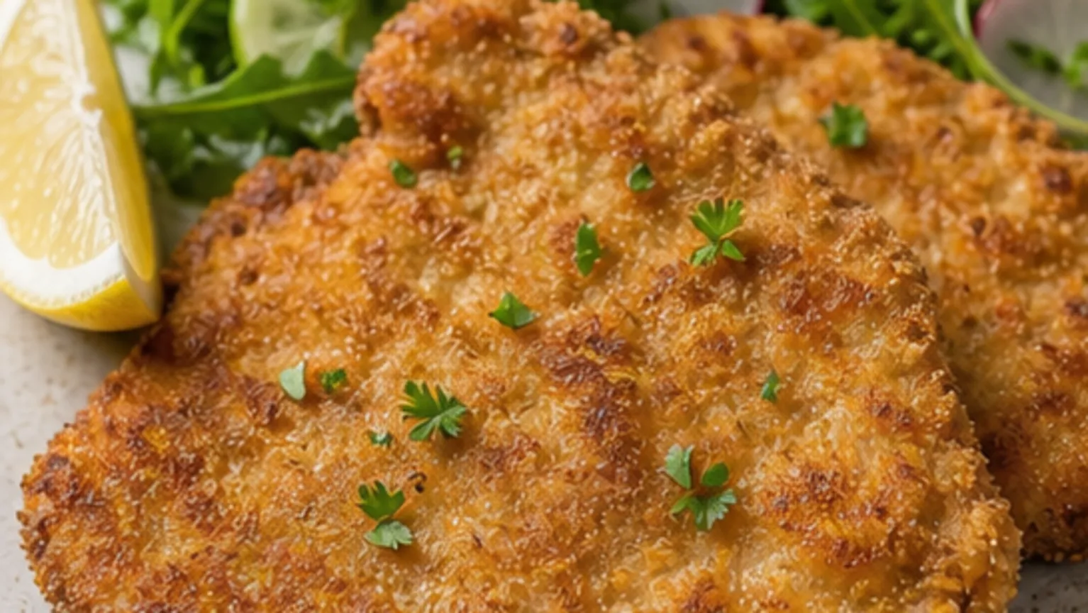Keto Wiener Schnitzel with Almond Breading - Crispy, No Flour fertig angerichtet als ketogenes Rezept
