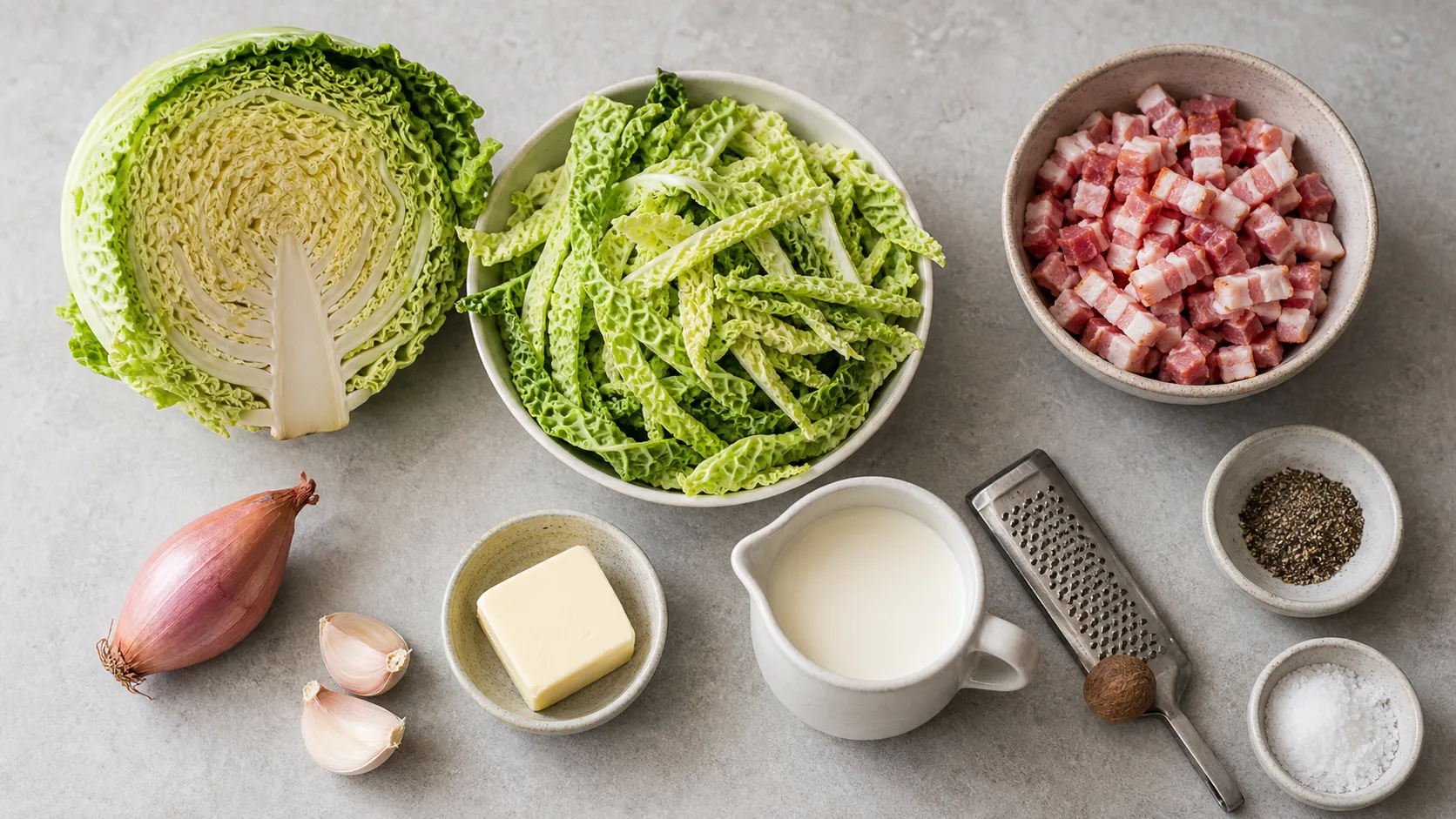Ingredients for creamed savoy cabbage with bacon: savoy cabbage, bacon cubes, cream, butter, shallot, garlic, nutmeg, salt and pepper