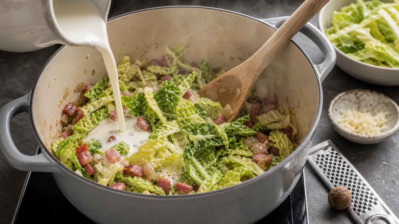 Savoy cabbage strips are braised with bacon, shallot, garlic and cream in a pot