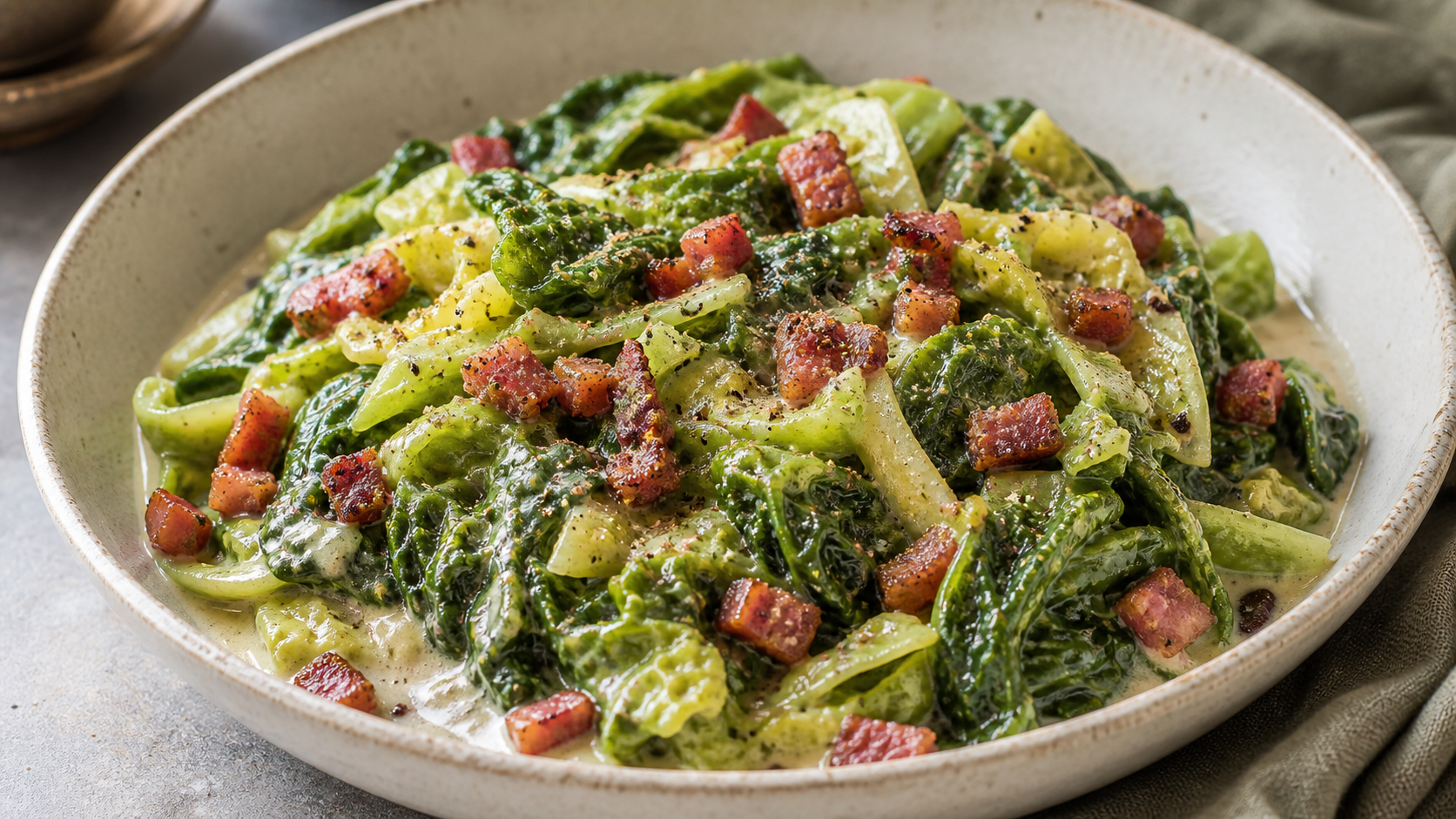 Creamy keto creamed savoy cabbage with bacon cubes, cream and nutmeg in a bowl