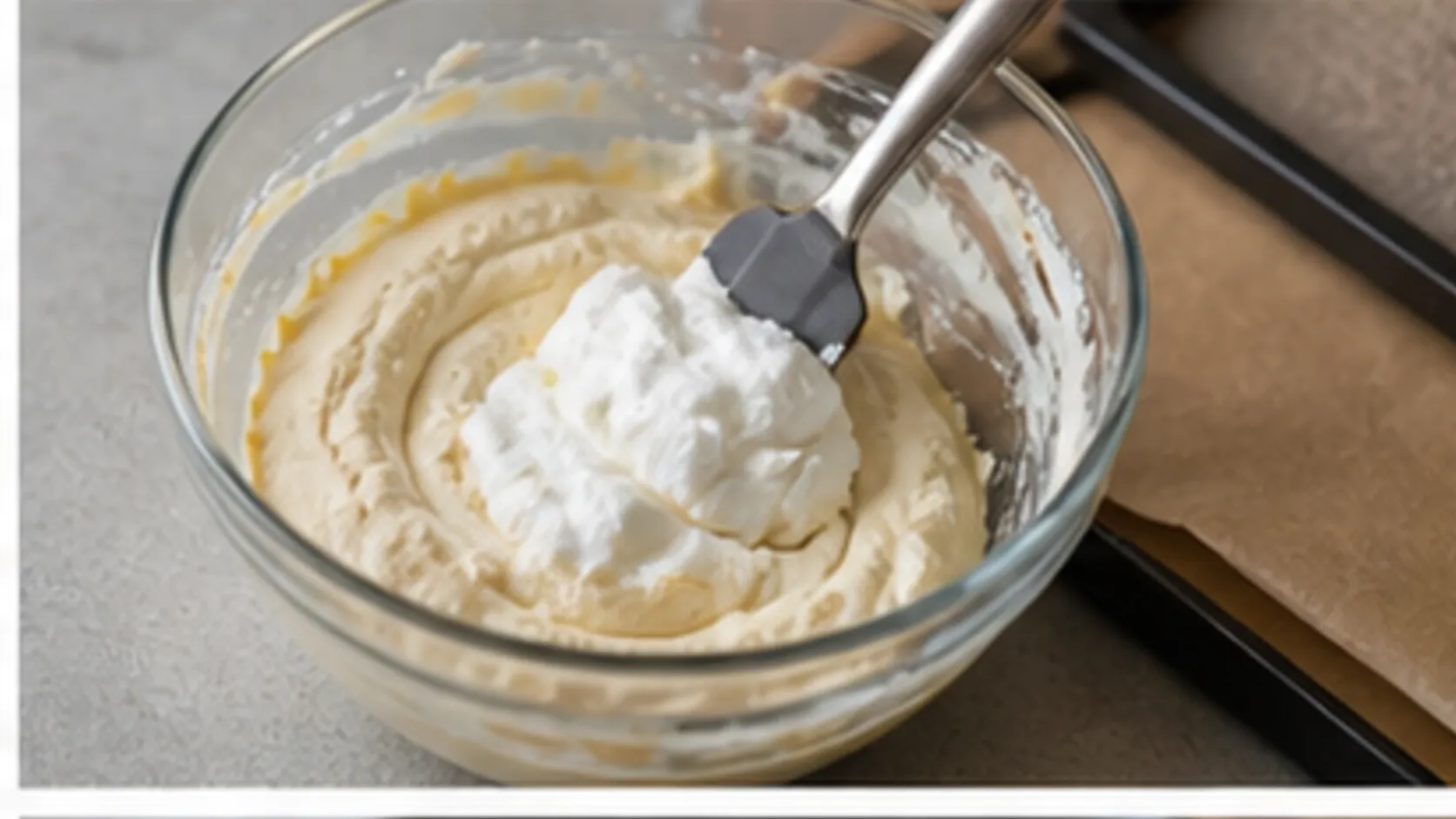 Beaten egg whites are gently folded into yolks and cream cheese for keto cloud bread