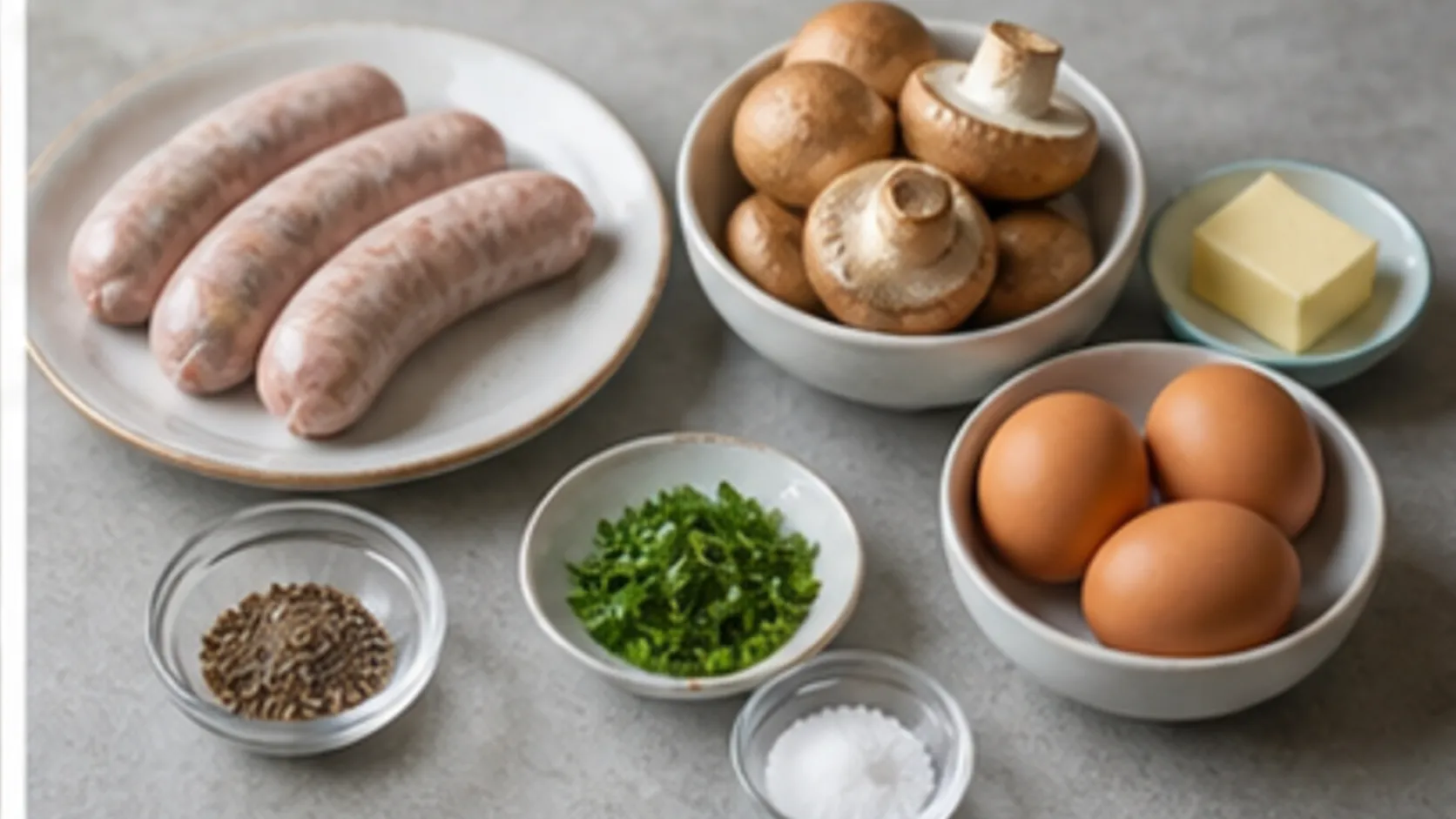 Ingredients for keto sausage skillet with German sausage, brown white mushrooms, eggs, butter and parsley