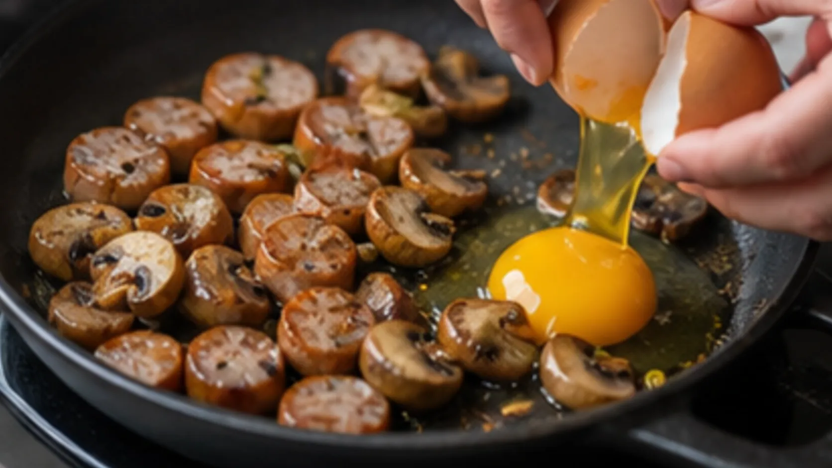 An egg is added to pan-fried German sausage and white mushrooms in a skillet