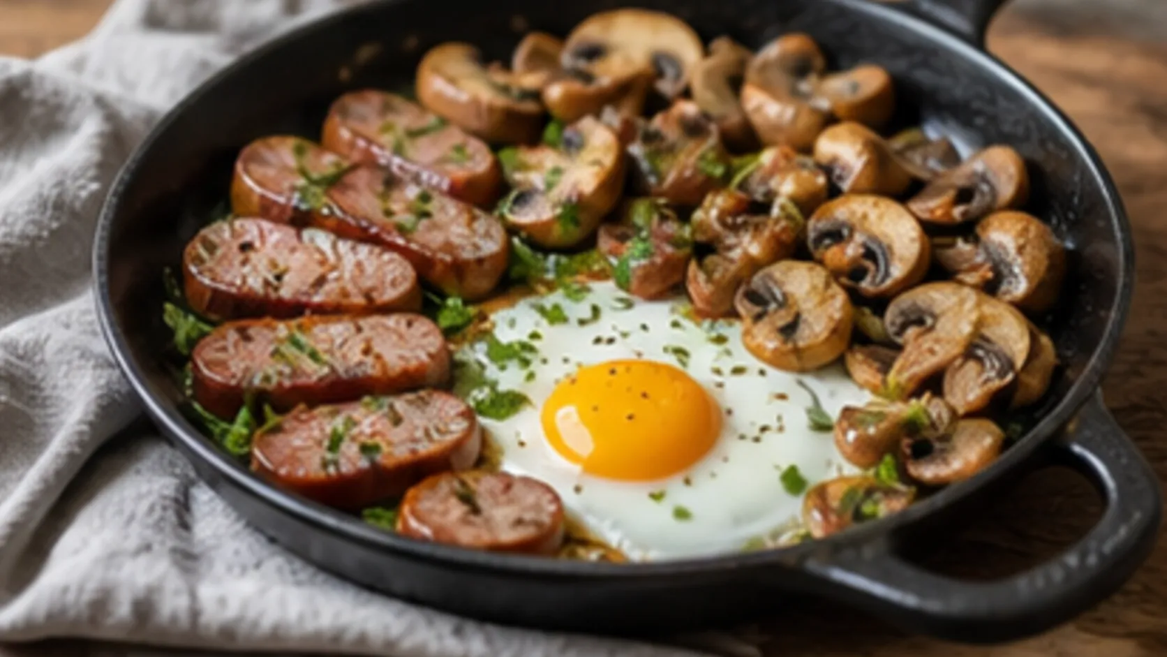 Keto sausage skillet with pan-fried German sausage, white mushrooms and a fried egg with runny yolk