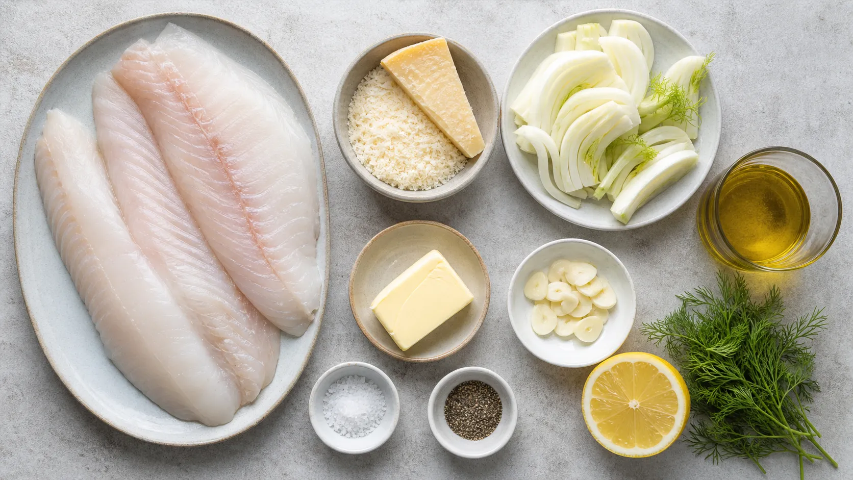 Ingredients for Keto Zander Filet with Parmesan Crust and Fennel: 52 g Protein: 220 g zander filet (boneless), 30 g Parmesan (freshly grated), 150 g fennel (thinly sliced), 30 ml olive oil, 15 g butter, 1 garlic clove (thinly sliced)