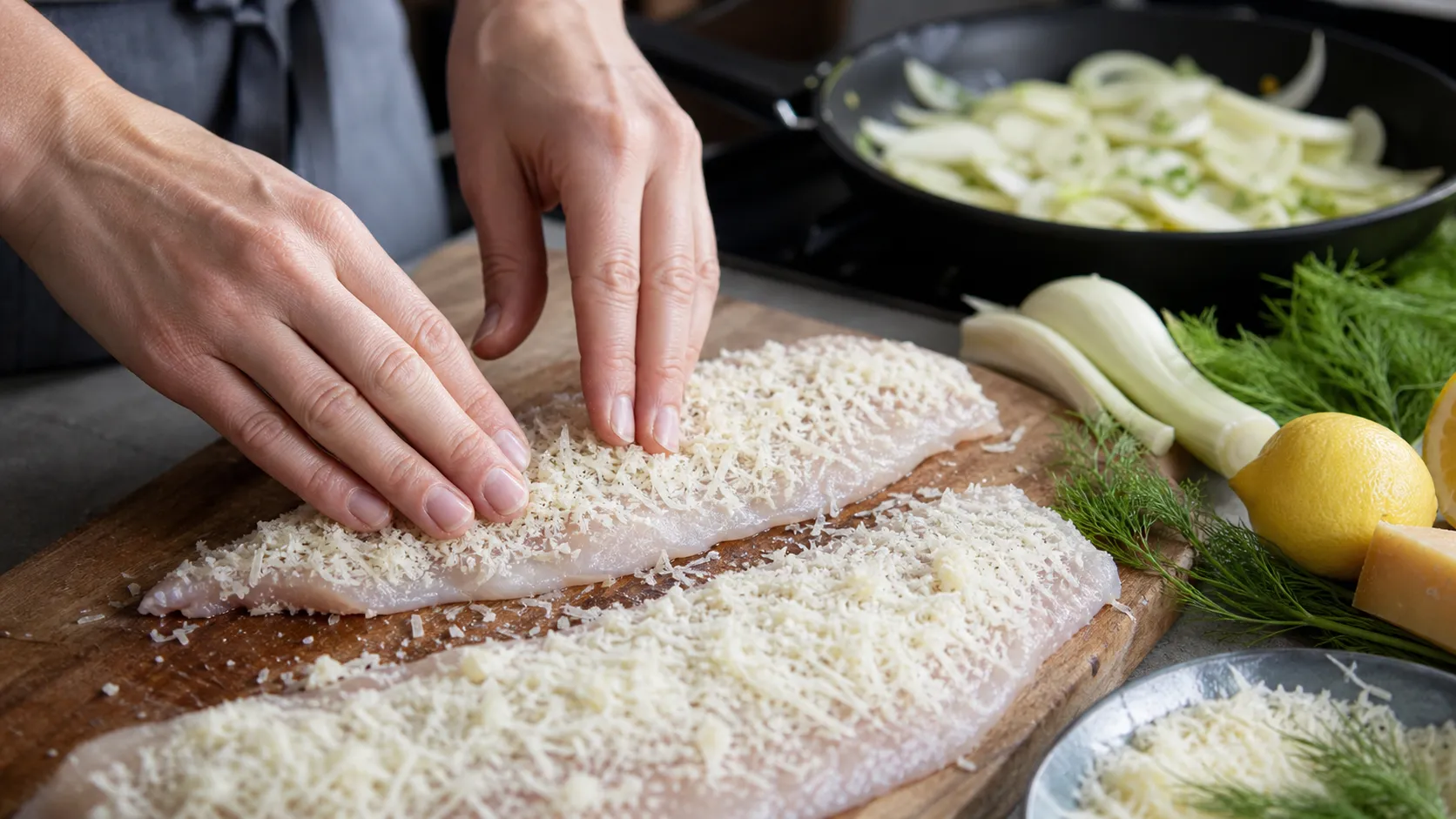 Preparation step for Keto Zander Filet with Parmesan Crust and Fennel: 52 g Protein: Pat the zander filet dry and season lightly with salt and pepper on both sides. Spread the grated Parmesan (30 g) thinly and evenly on the flesh side (not the skin) and press it gently to adhere.