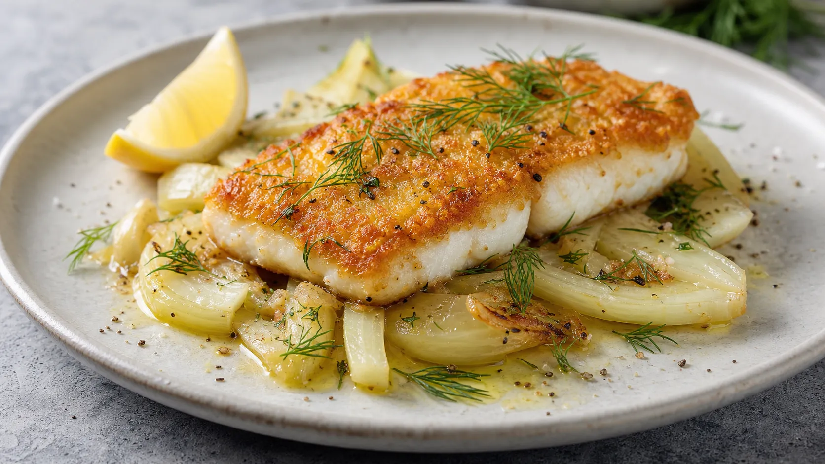 Keto zander filet with a golden-brown Parmesan crust on braised fennel in a pan