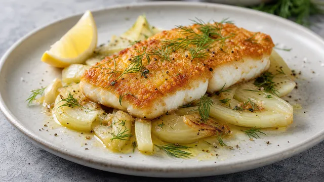 Keto zander filet with a golden-brown Parmesan crust on braised fennel in a pan