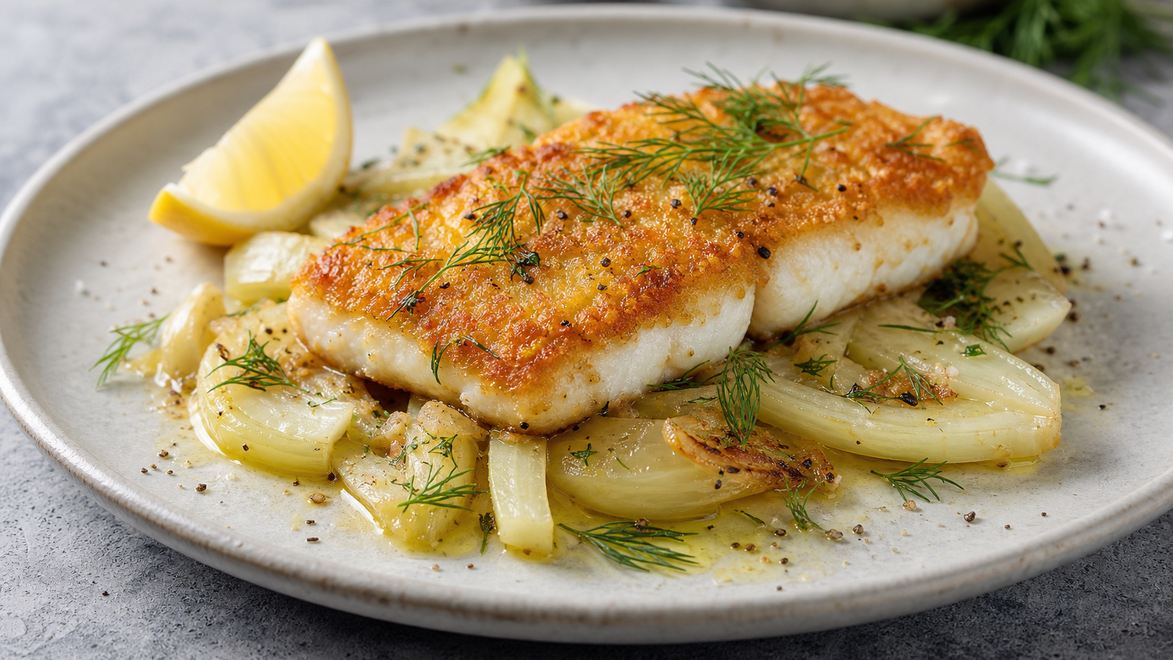 Keto zander filet with a golden-brown Parmesan crust on braised fennel in a pan