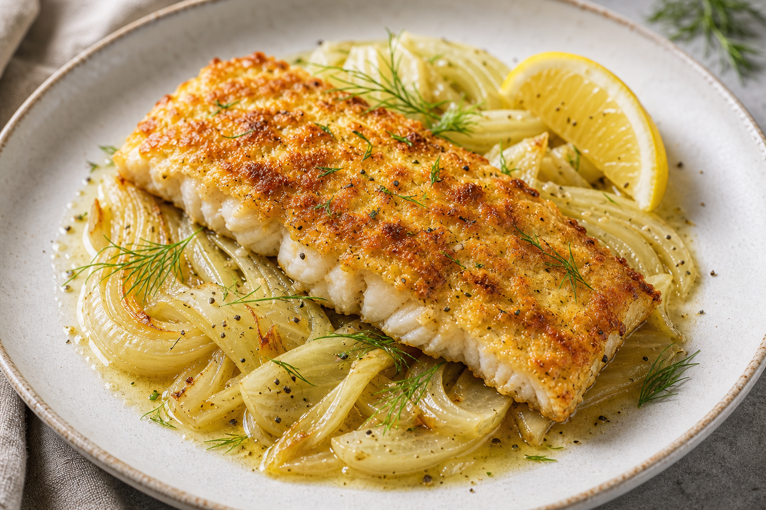 Keto zander filet with a golden-brown Parmesan crust on braised fennel in a pan