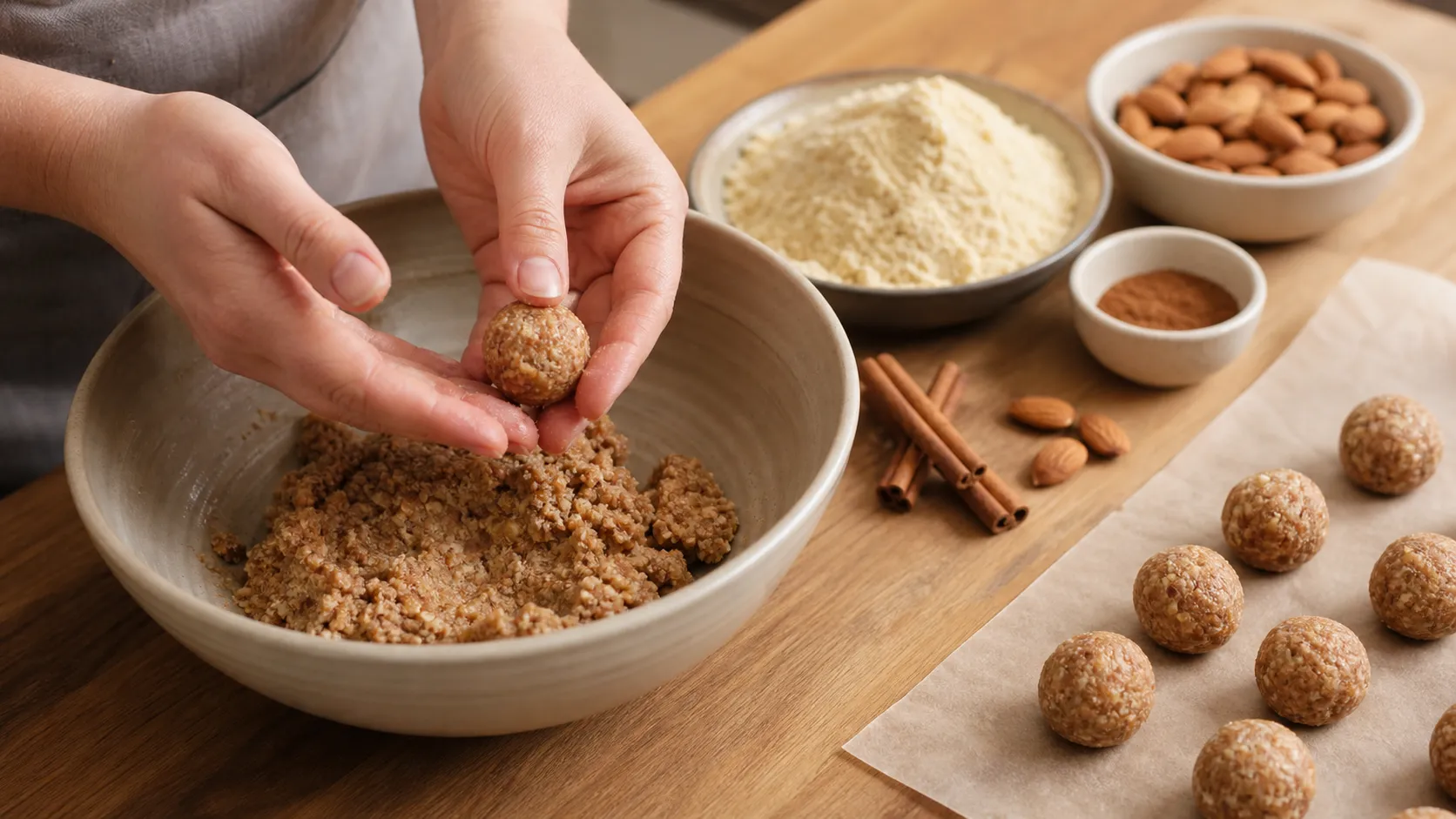 Preparation step for Keto Cinnamon Almond Balls: No-Bake Low-Carb Treat for Coffee Time: Divide the mixture into 12 even portions (approx. 22 g each) and shape into smooth balls with lightly oiled hands.