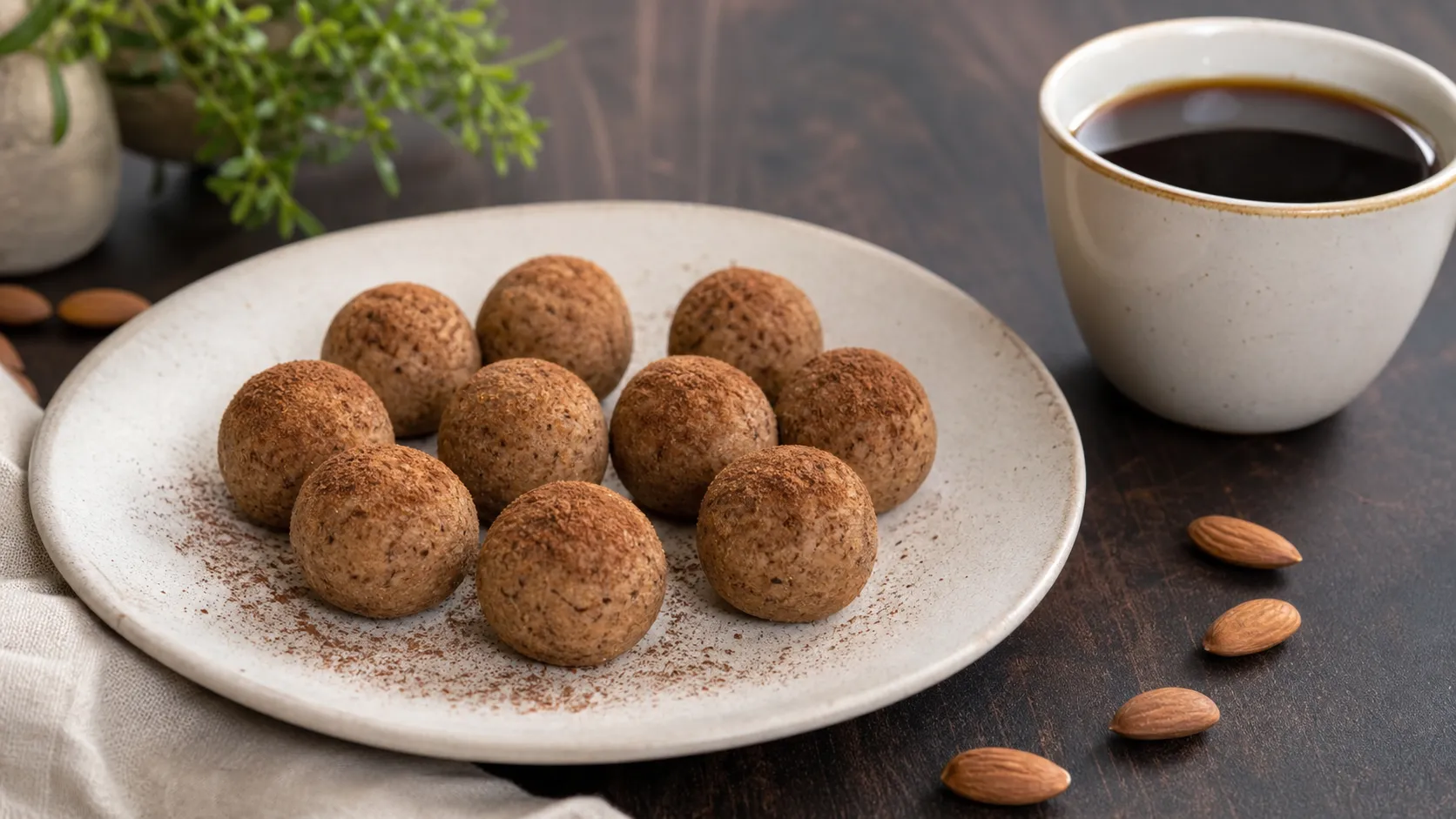 Keto cinnamon almond balls on a wooden board next to a cup of coffee, dusted with cinnamon