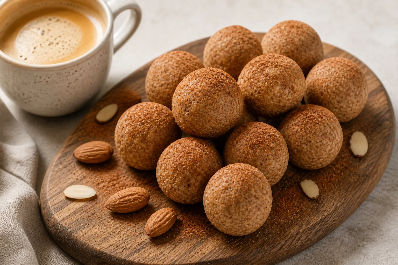 Keto cinnamon almond balls on a wooden board next to a cup of coffee, dusted with cinnamon