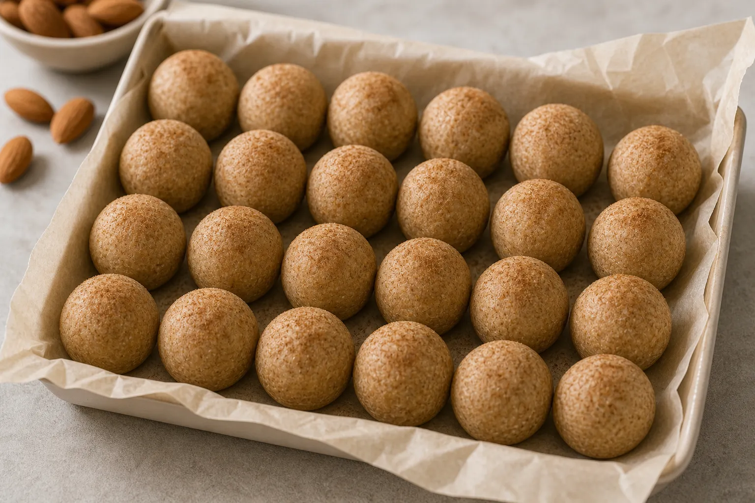 Finished keto cinnamon almond balls chilling on parchment paper in the fridge