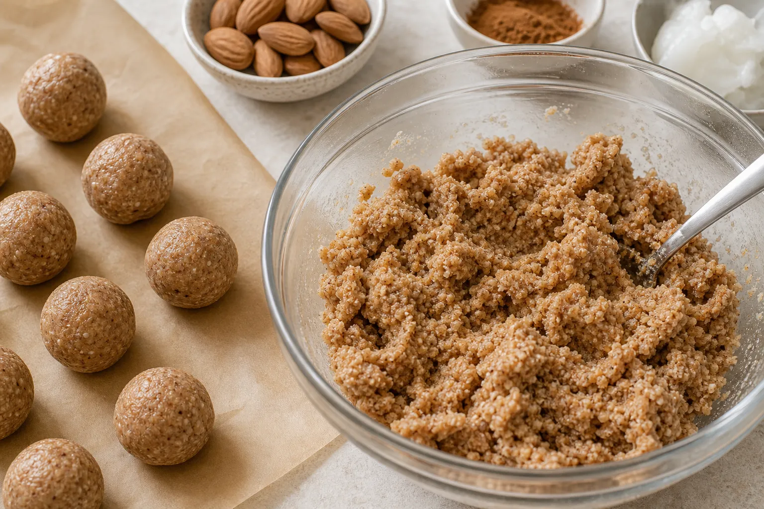 Almond mixture in a bowl being combined and rolled into balls