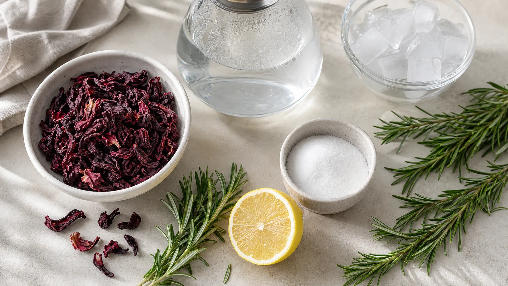 Dried hibiscus flowers, fresh rosemary, erythritol and lemon for the keto iced tea