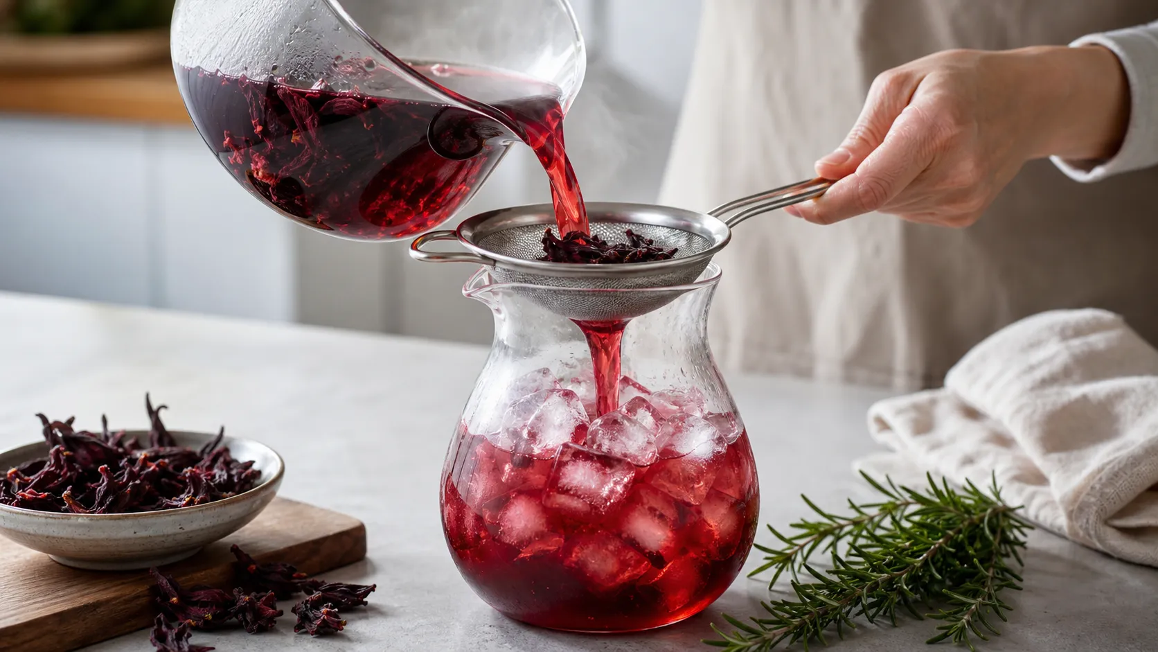 Hibiscus tea being poured ruby-red into a glass carafe with ice cubes