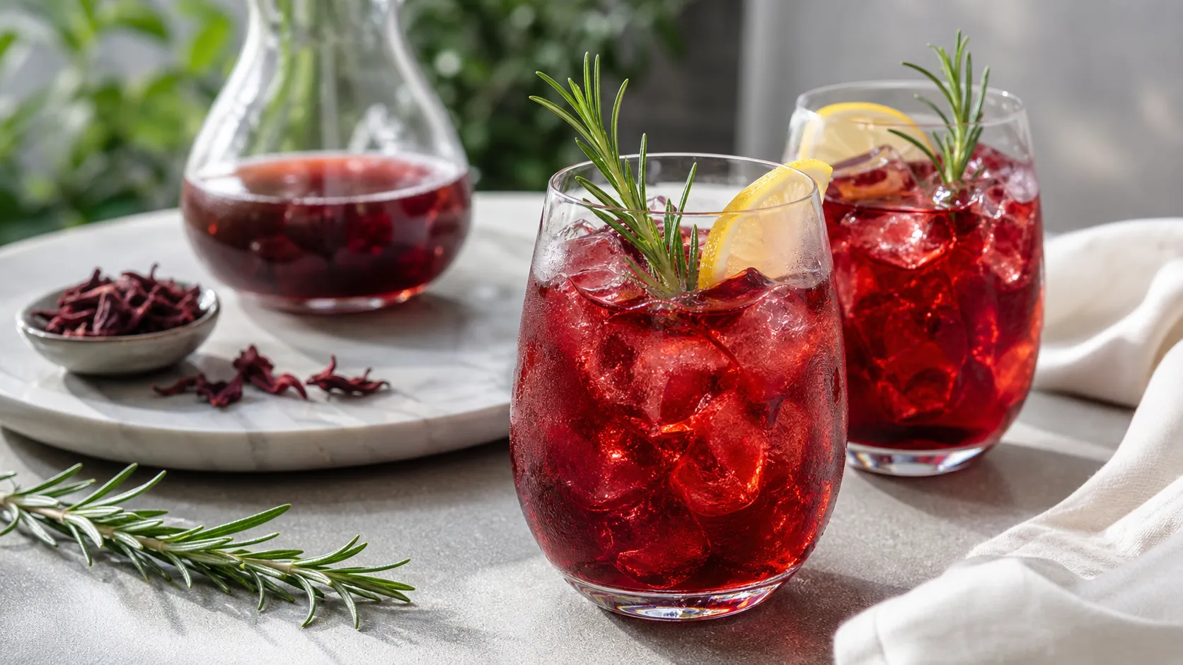 Ruby-red keto hibiscus rosemary iced tea in a glass with a rosemary sprig and ice cubes