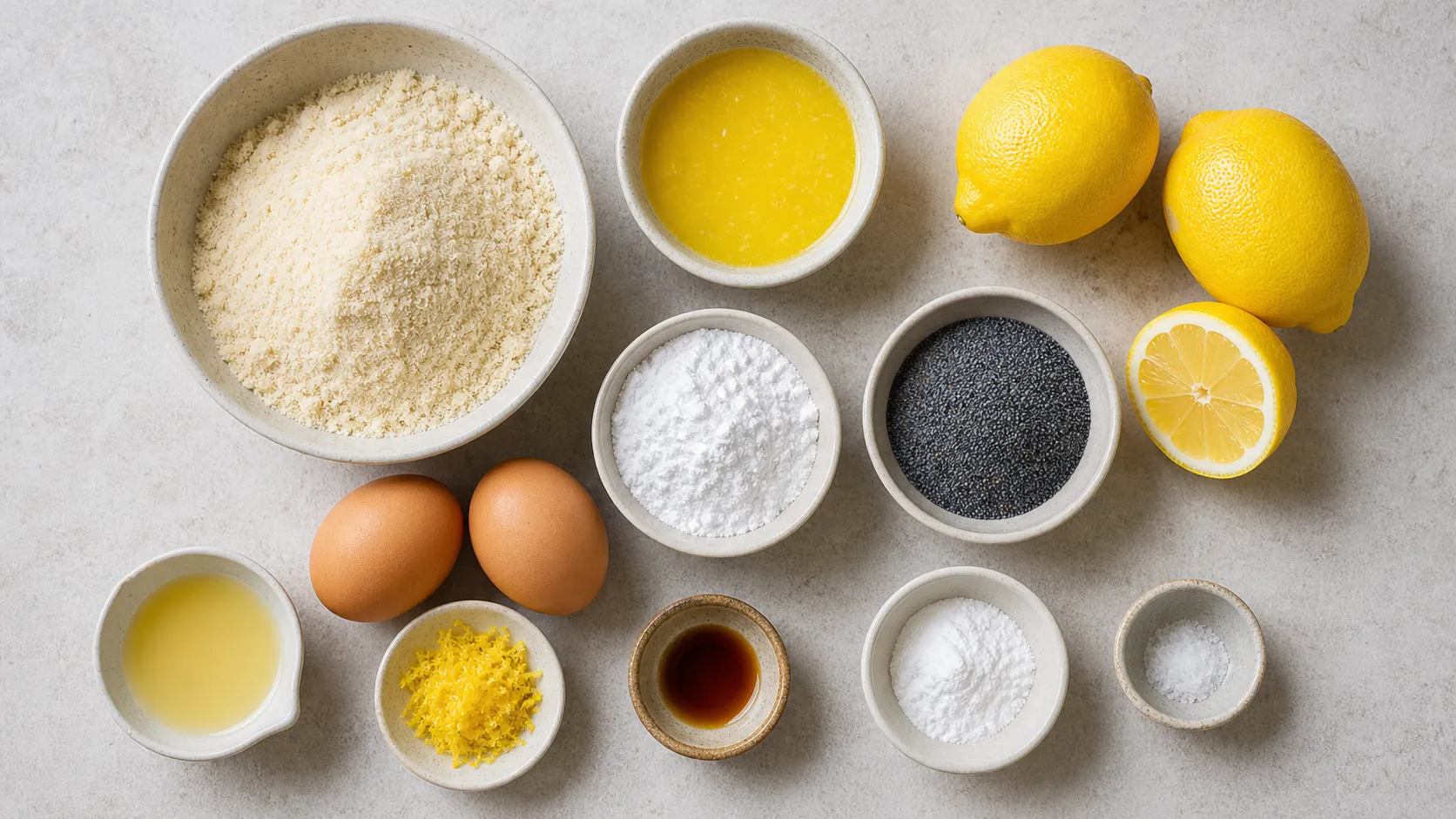 Ingredients for keto lemon poppy seed muffins with almond flour, poppy seeds, eggs and lemons