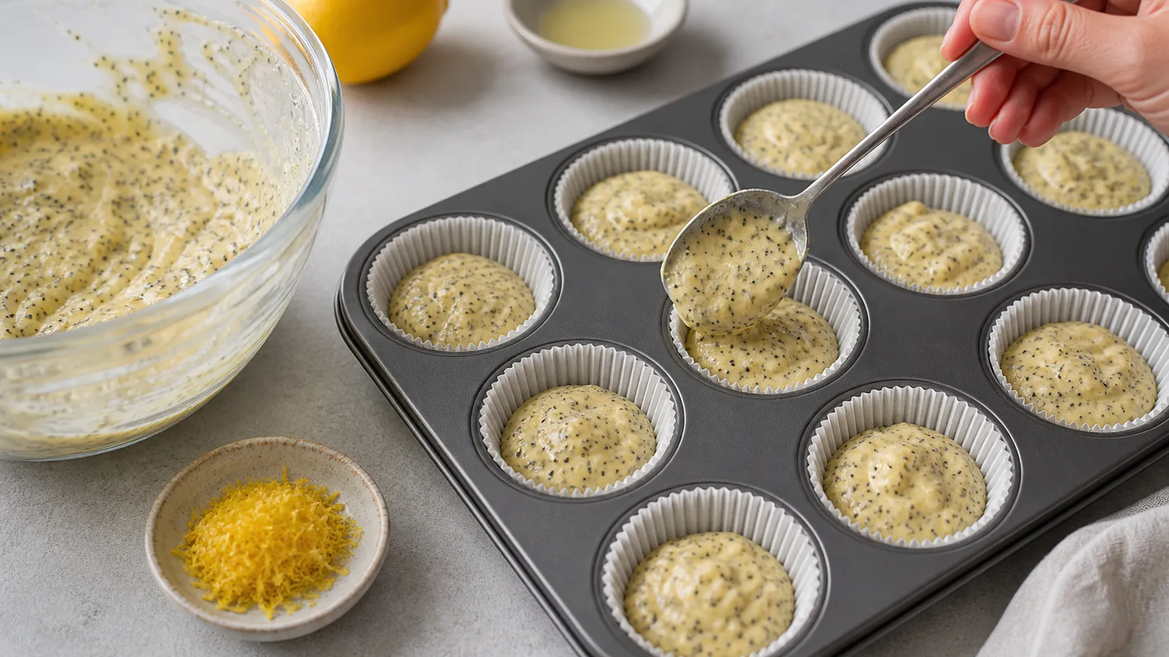 Lemon poppy seed batter being spooned into muffin liners