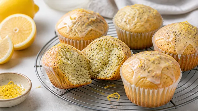 Keto lemon poppy seed muffins made with almond flour and a lemon glaze