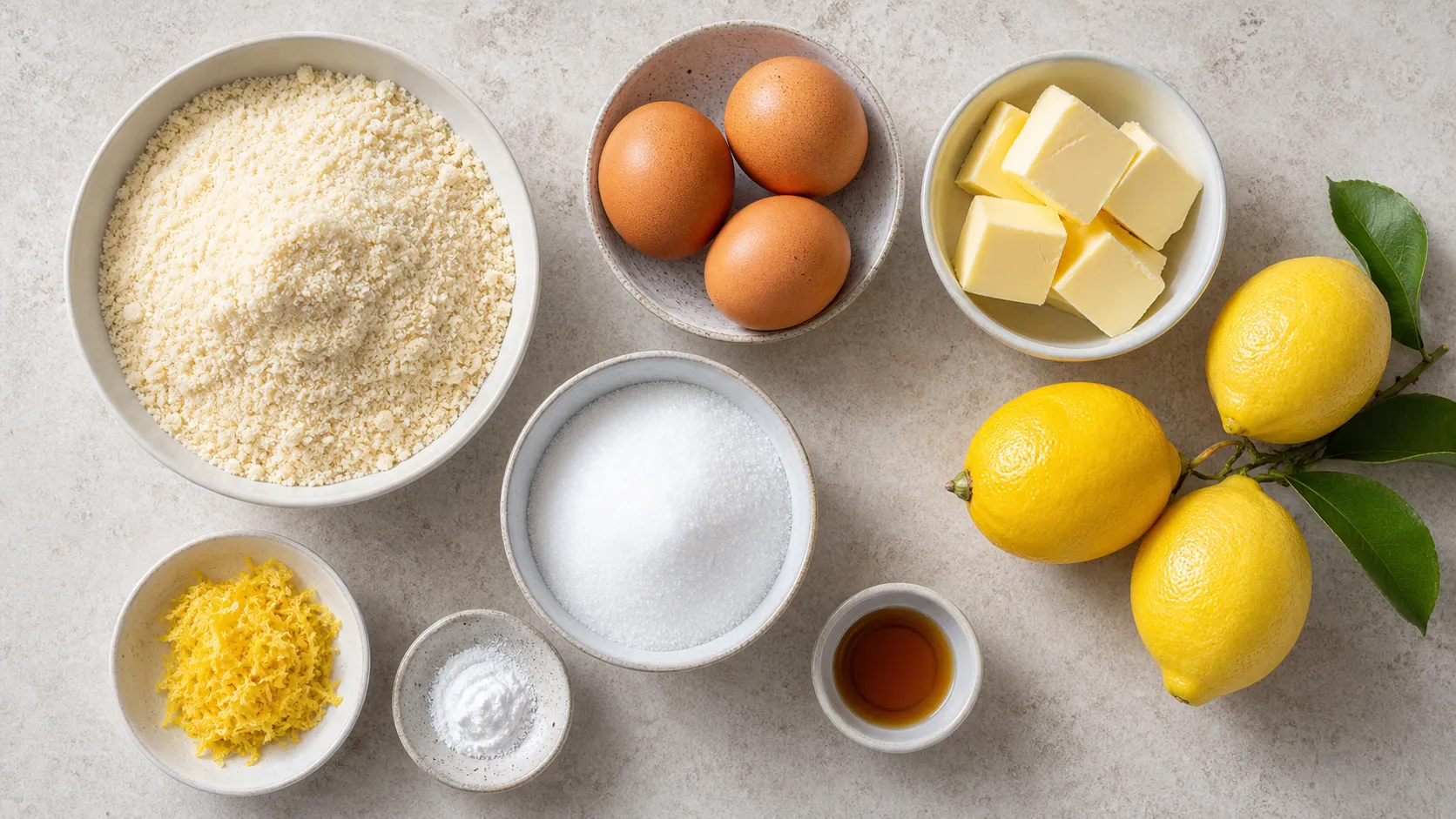 Ingredients for keto lemon cake with almond flour, eggs, lemons and butter