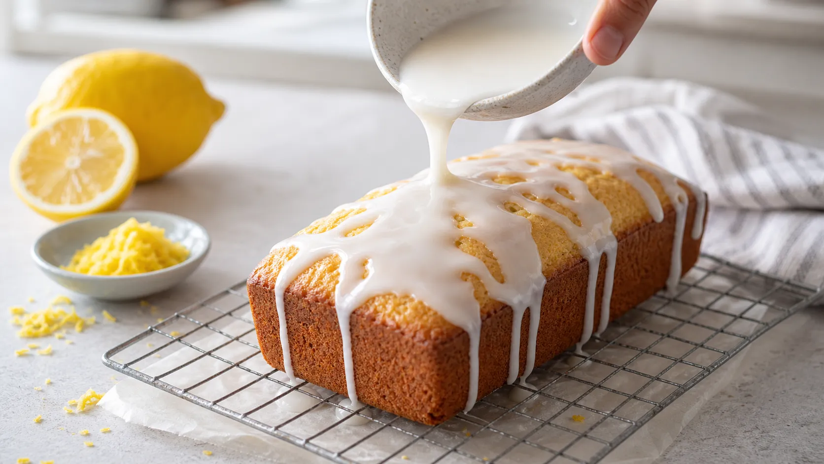 Lemon glaze being poured over the cooled keto lemon cake