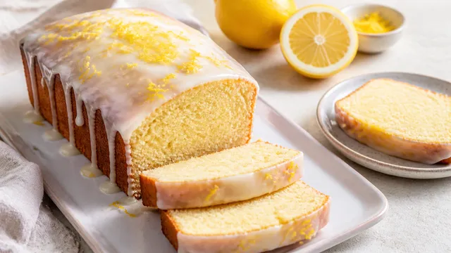 Keto lemon cake made with almond flour, topped with white lemon glaze and lemon zest