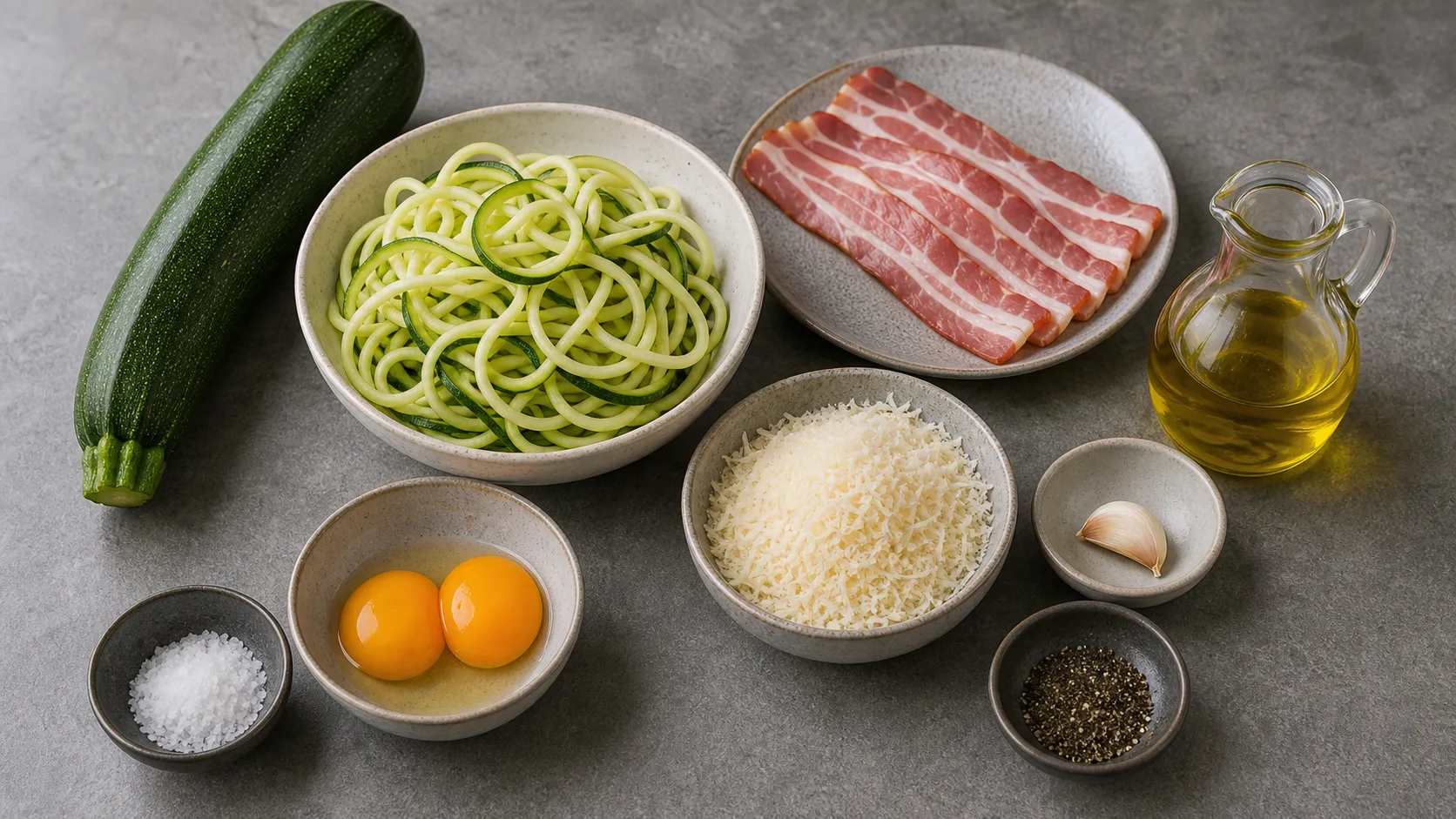 Ingredients for keto zucchini carbonara: zucchini, bacon, egg yolks, Parmesan, olive oil, garlic, and black pepper
