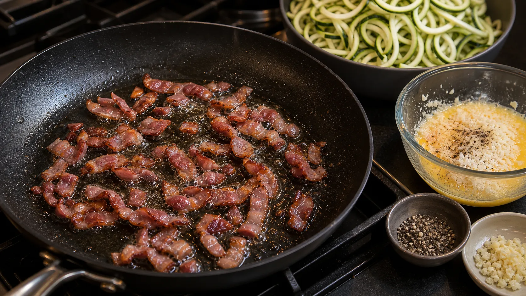 Crispy bacon being tossed in the pan with zucchini noodles and creamy egg-yolk Parmesan sauce