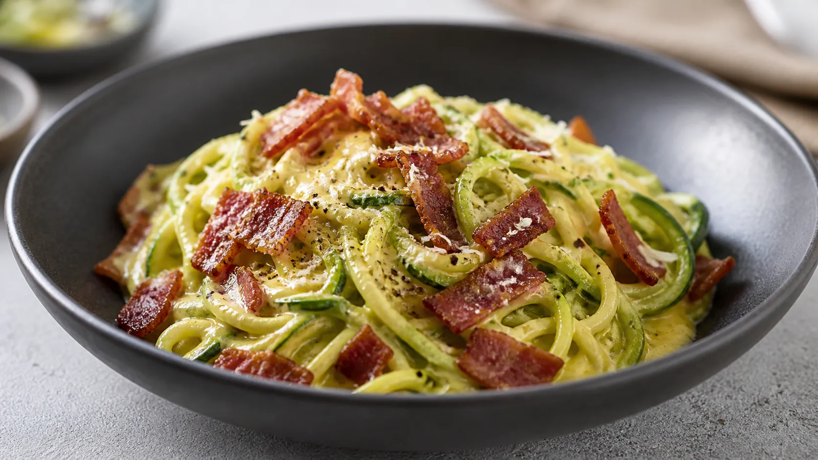 Keto zucchini carbonara with crispy bacon, creamy egg-yolk and Parmesan sauce, and freshly cracked pepper served in a deep plate