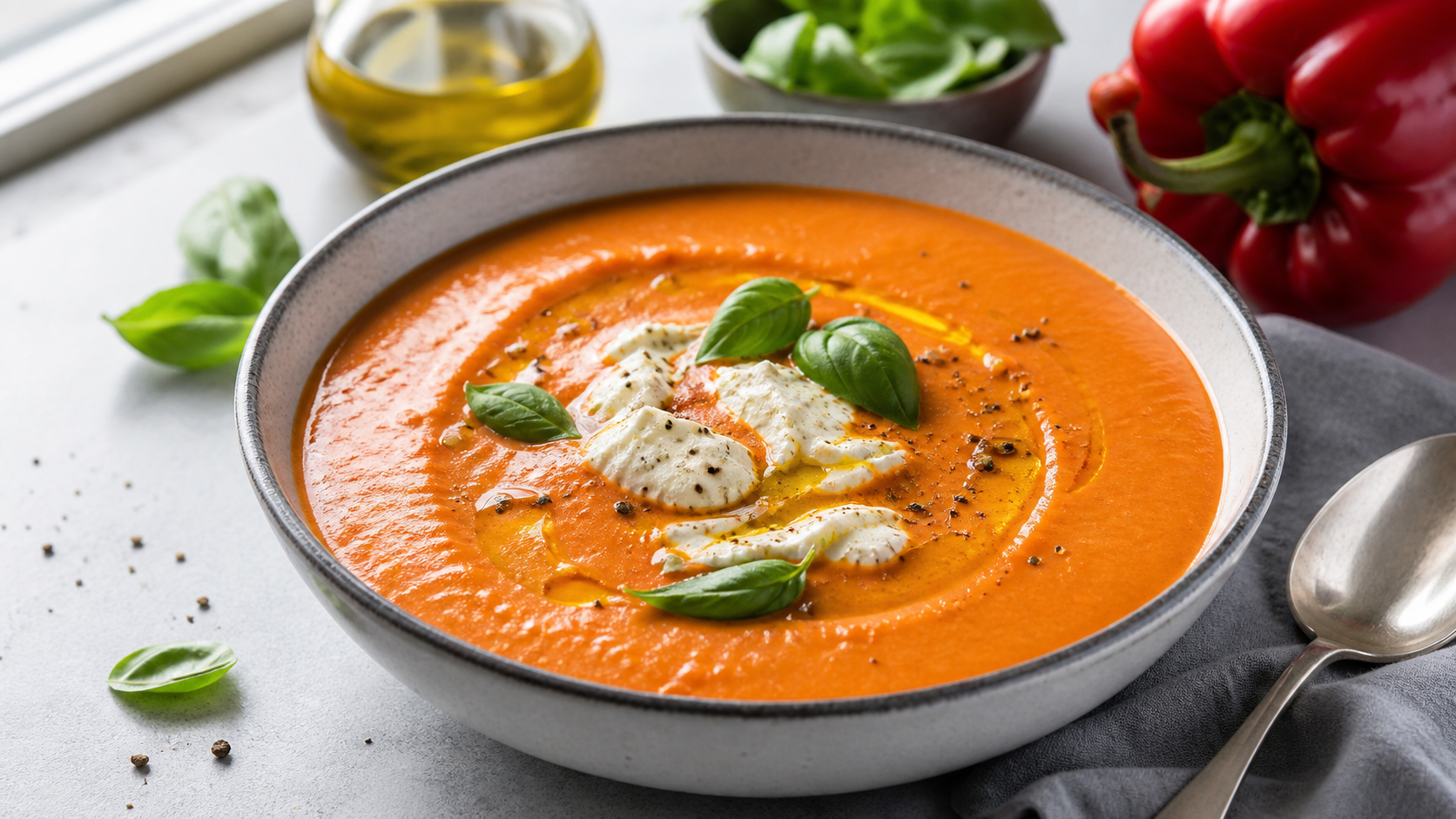 Creamy keto zucchini soup with cream cheese, garnished with toasted pumpkin seeds and a swirl of cream in a bowl
