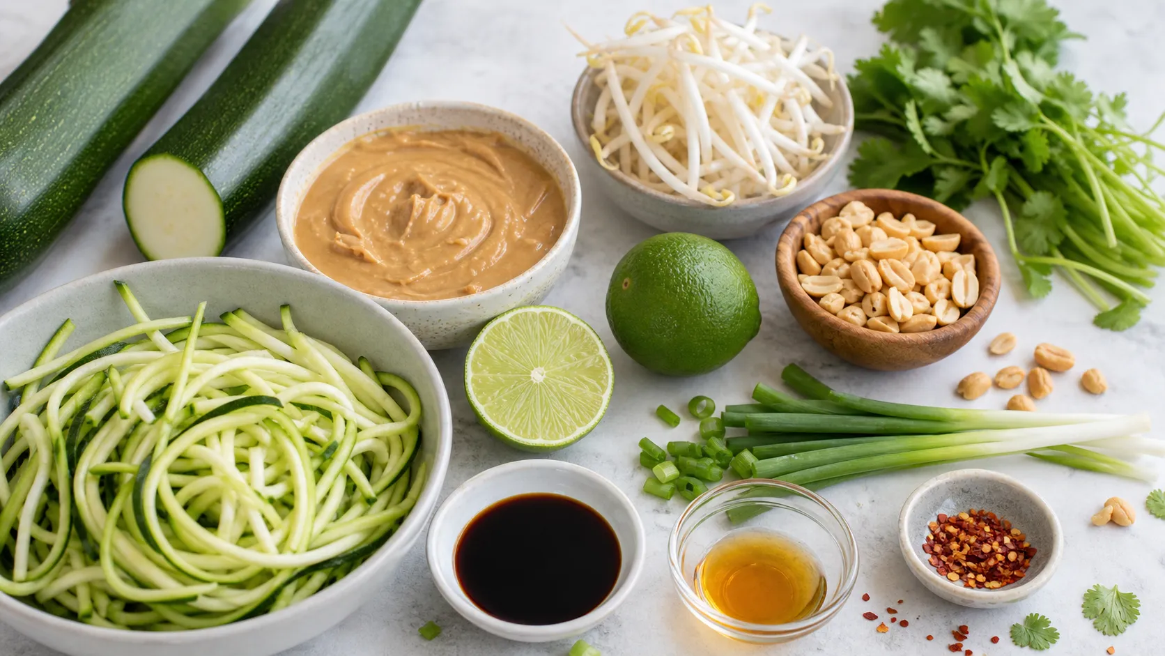 Ingredients for keto zucchini pad thai: zucchini, peanut butter, lime, soy sauce, sesame oil, bean sprouts, spring onions and roasted peanuts