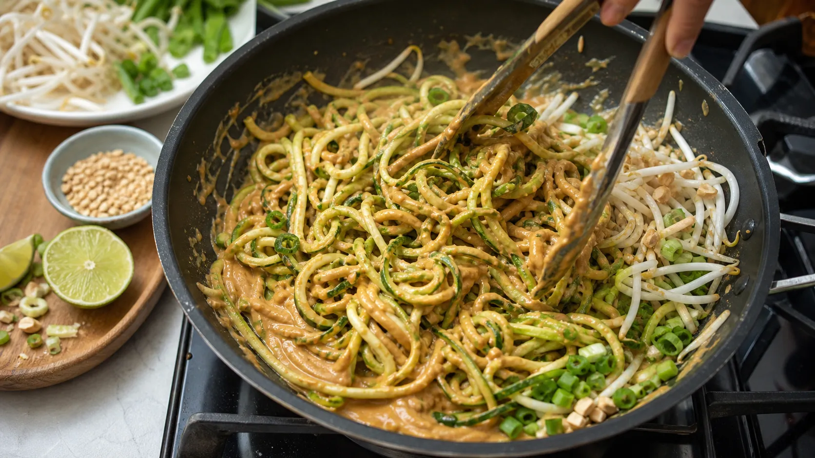 Zucchini noodles tossed in a pan with peanut sauce