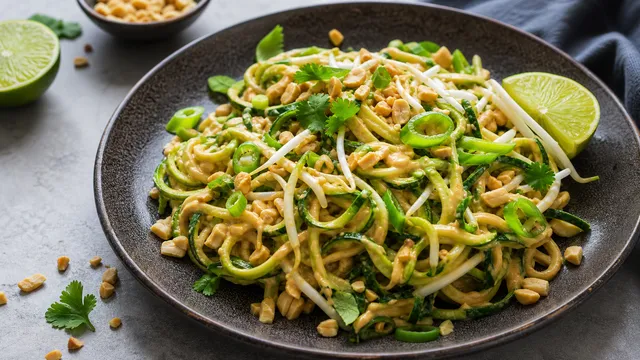 Keto zucchini pad thai with creamy peanut lime sauce, bean sprouts, spring onions and chopped peanuts on a dark plate