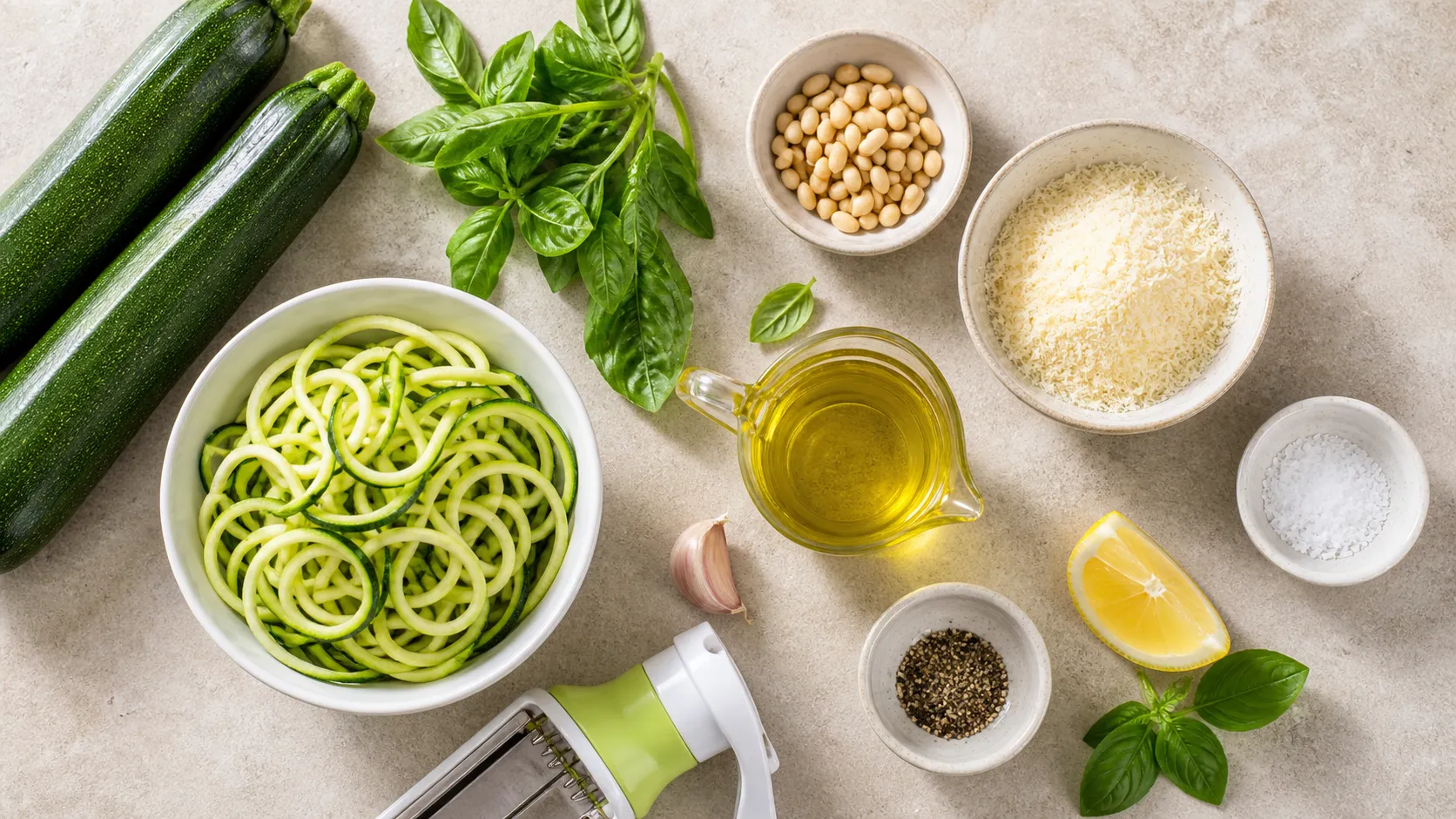 Ingredients for keto zucchini pesto: zucchini, fresh basil, pine nuts, Parmesan, garlic and olive oil
