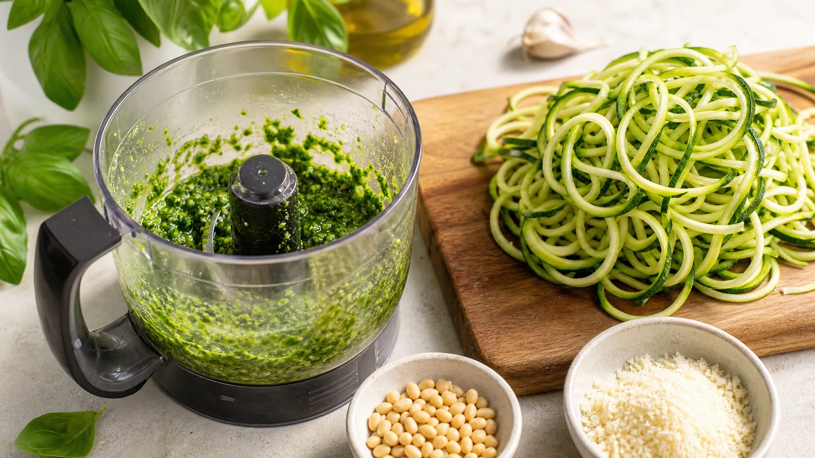 Basil pesto in a blender next to freshly spiralized zucchini noodles on a cutting board