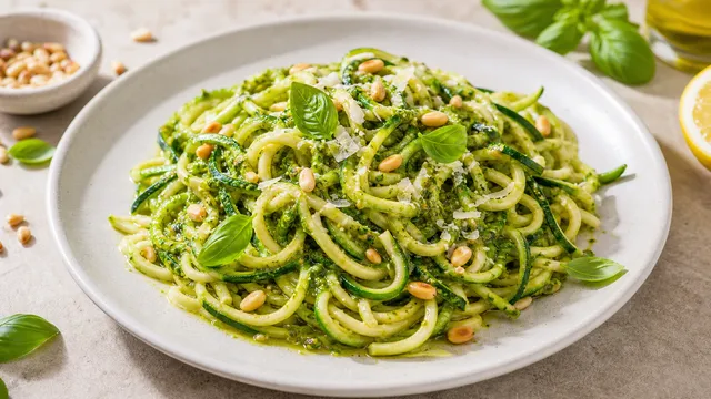 Keto zucchini noodles with pesto Genovese on a plate: spiralized zucchini with vibrant green basil pesto, pine nuts and Parmesan